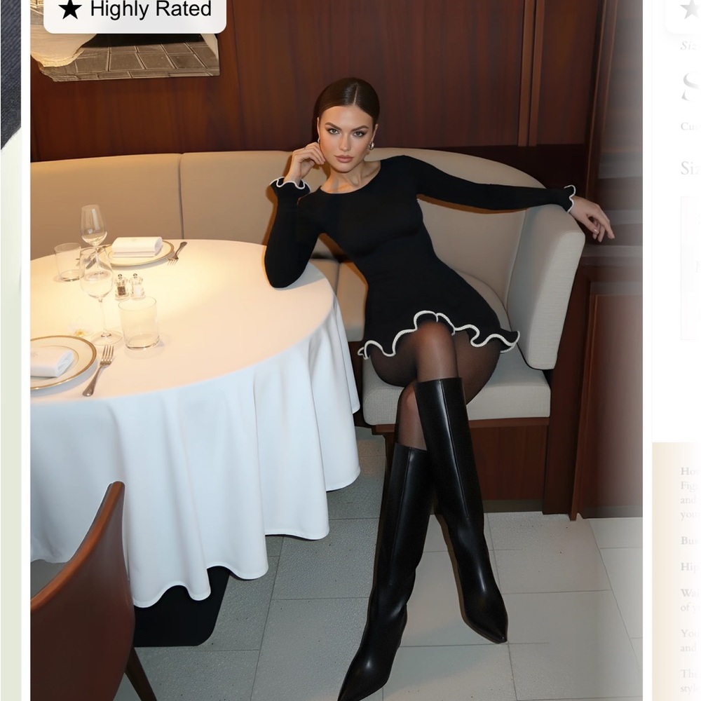 Contrast Hem Ruffle Long Sleeve Knitted Mini Dress- black with white trim